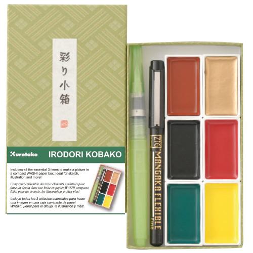 ���� ������������� ���� Kuretake IRODORI KOBAKO GREEN 6 �����, �������-��������� medium, ���� Mangaka Flexible